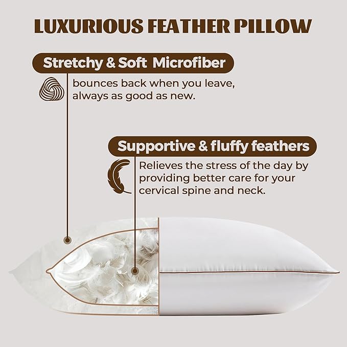 Bafode Goose Feather Bed Pillows, Standard Size Set of 2, HotelPillows for Sleeping, Soft Down Alternative Pillows 20x26