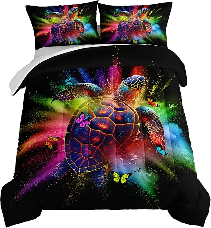 HOSIMA Watercolor Sea Turtle Comforter Set Twin Size,Tie Dye Ocean Turtle Butterfly Bedding Set,Marine Life Theme Twin Size Comforter for Kids Room Decor with 2 Pillowcases.