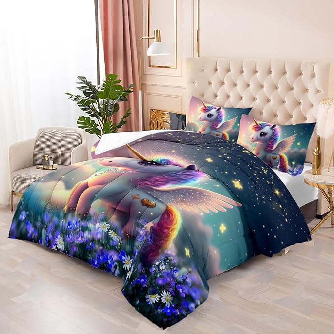 Kid Galaxy Unicorn Comforter Set Full Size 3Pcs Floral Daisy Quilt Bedding Set for Boys Girls with 1 Comforter and 2 Pillowcases