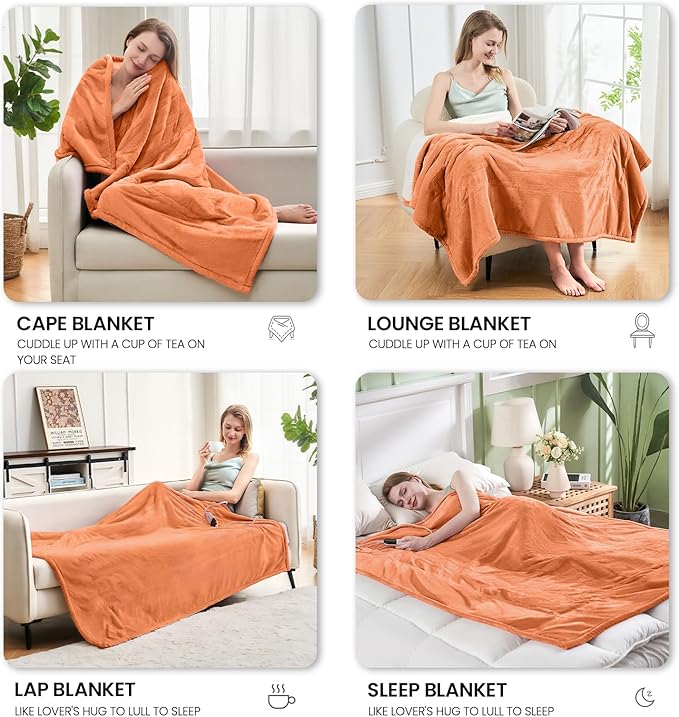 Electric Heated Blanket,Flannel & Sherpa Heated Throw Blanket 50"x60",Fast Heating Soft Fleece Blanket with 6 Heating Levels & 4H Auto Off-Orange