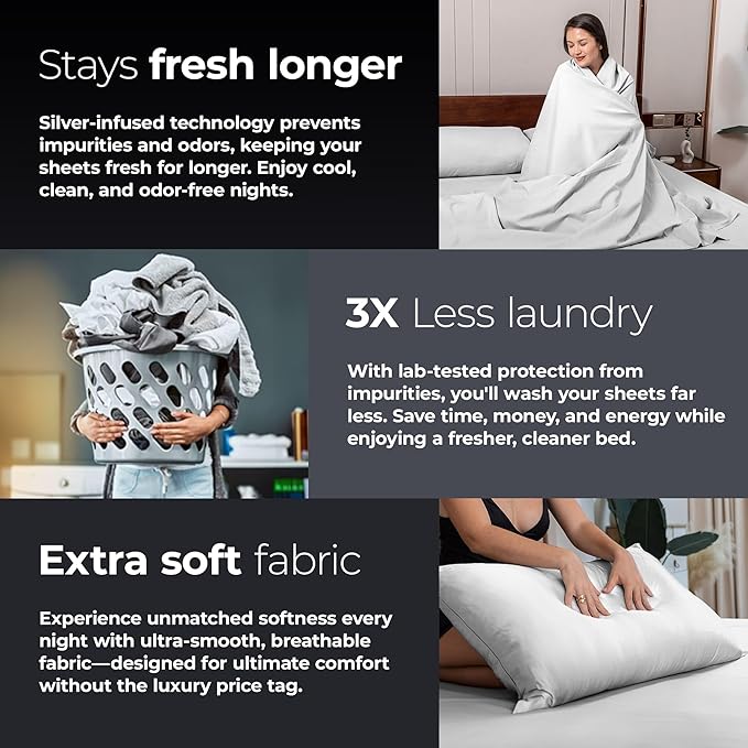 Silvery Silver Infused Bed Sheets Set - Ultra-Soft Temperature-Regulating Fabric with Self-Cleaning Technology™ That Stays Fresh 3X Longer for Hygienic Sleep (White, Queen)