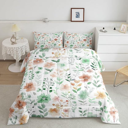 Erosebridal Cute Floral Full Comforter Set,Sage Green and Beige Flower Bedding Sets for Kids Girls,Boho Leaves Botanical Plant Bed Set,Rustic Farmhouse Room Decor,2 Pillowcases Breathable