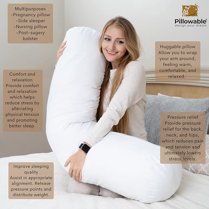 King Size Extra Long Round Body Pillow - 54x12 Bolster Pillow for Bed Extra Soft Body Pillow with Removable Pillowcase, Maternity Pillow - White