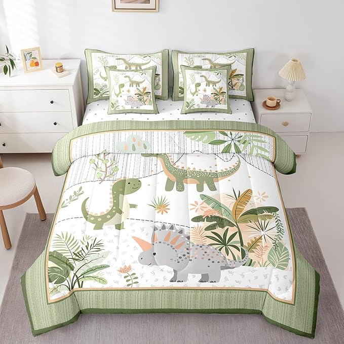 Feelyou Kids Cute Dinosaur 7 Piece Bedding Set Queen Size Cartoon Dinosaur Comforter Set with Sheets for Boys Girls Teens Green Grey Bed in a Bag Coconut Plant Bed Set