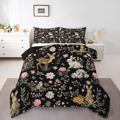 jejeloiu Cute Deer and Rabbit Comforter Set Twin Size Floral Flower Bedding Set for Kids Boys Girls Nature Plants Duvet Quilt Black Colorful Bedroom Decor Microfiber 2 Pcs with 1 Pillow Cases