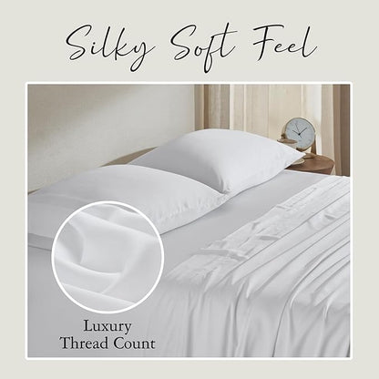 KARISSA MAE Cooling Bamboo Viscose King Size Sheet Set | 100% Organically Grown | 18” Deep Pocket | Silky, Soft, & Hypoallergenic | with Organizer Band & Elastic Corner Straps [White]