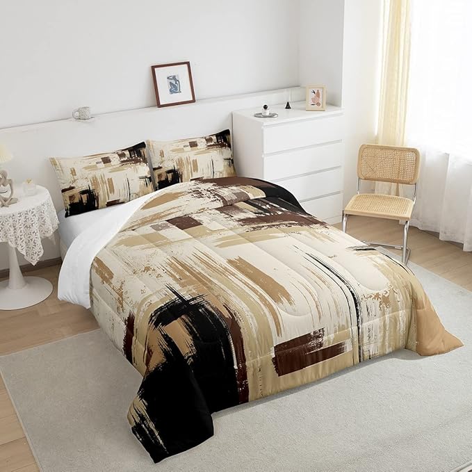 Feelyou Abstract Bedding Set Kids Modern Abstract Art Comforter Set Brown Grey Black Comforter for Boys Room Decor Lightweight Duvet Set Toddler Size with 1 Pillow Case