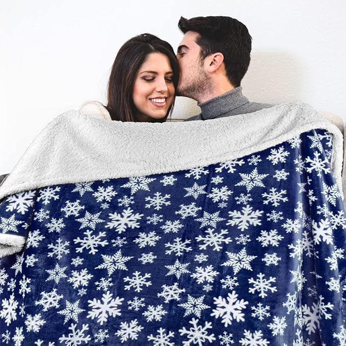 PAVILIA Blue Snowflake Christmas Sherpa Throw Blanket, Reversible Fleece Sherpa Cozy Holiday Blanket 50x60, Soft Winter Throw for Couch & Bed, Plush Cozy Warm