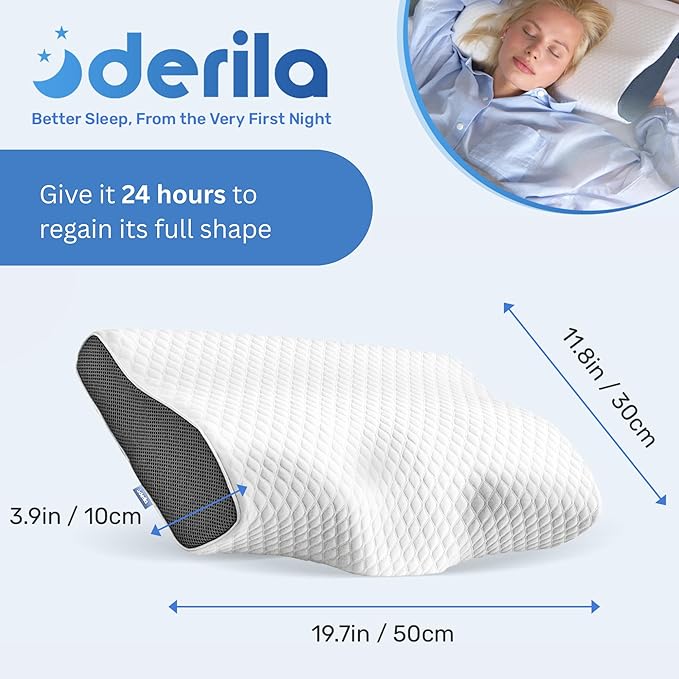 Derila Cervical Neck Pillow for Sleeping 2 Pack - Support Pillow for Back, Stomach, Side Sleeper Contour Memory Foam Pillows (2 Pillows, Standard (19.7" x 11.8" x 3.9"))