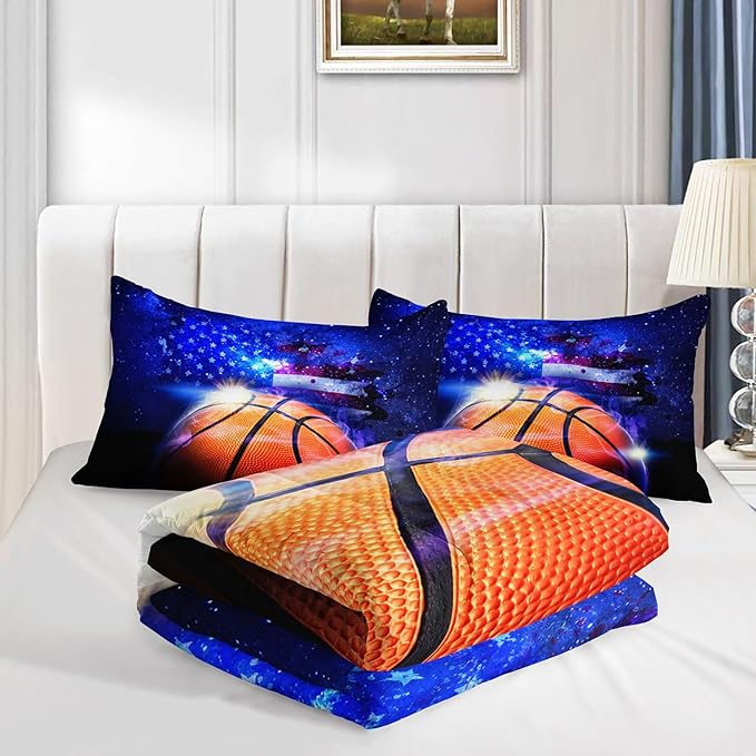 3D Basketball Comforter Set American Flag Printed Bedding Set with 1 Comforter and 2 Pillowcases for Boys and Girls Bedroom All Season(Basketball Full)