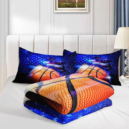 3D Basketball Comforter Set American Flag Printed Bedding Set with 1 Comforter and 2 Pillowcases for Boys and Girls Bedroom All Season(Basketball Queen)