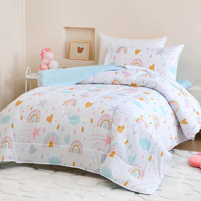 Twin Comforter Set for Kids, Boys, Girls, 4 Pieces Bed-in-a-Bag Bedding Set, All Season Ultra Soft Sheets Set with Comforter, Rainbow Sky