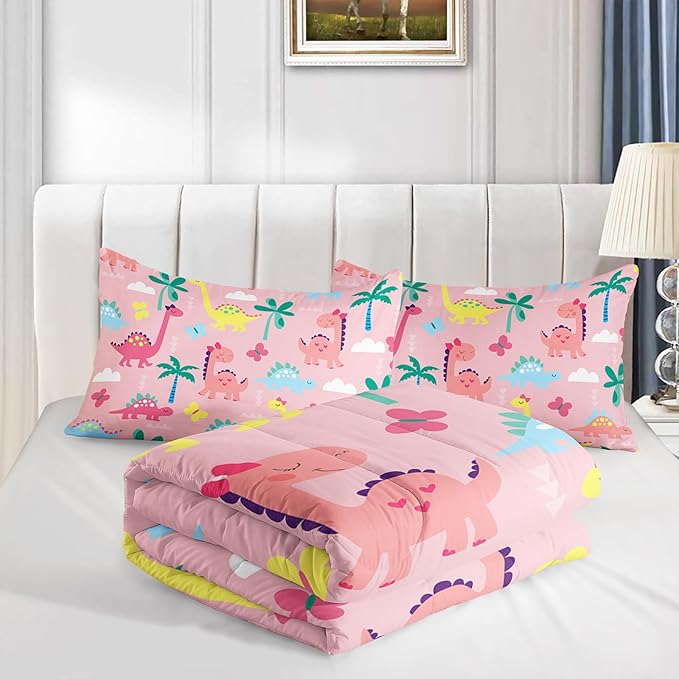 Axolotl Cute Dinosaur Comforter Set King,Colorful Dino Girls Bedding Set,Dinosaurs Animal Print Comforter,Botanical Palm Trees Bed,Butterfly Bedding for Kids Girls Teens,1 Quilt 2 Pillowcases,Pink