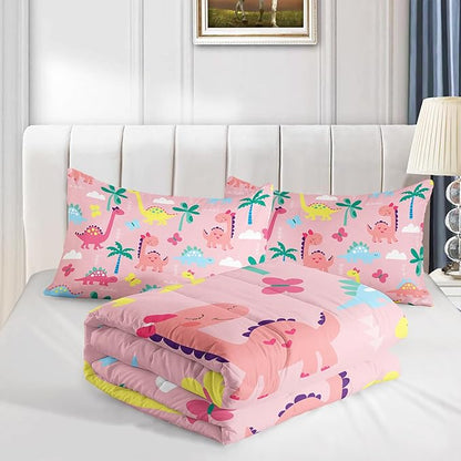 Axolotl Cute Dinosaur Comforter Set King,Colorful Dino Girls Bedding Set,Dinosaurs Animal Print Comforter,Botanical Palm Trees Bed,Butterfly Bedding for Kids Girls Teens,1 Quilt 2 Pillowcases,Pink