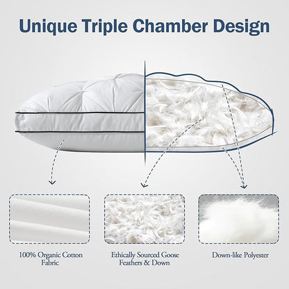 BPC Luxury Goose Feather Down Pillows Queen Size, Gusseted Hotel Bed Pillows for Sleeping, 100% Organic Cotton Cover, Surround Polyester Fill, Soft Fluffy for Sleepers (18"x28" + 2" Gusset, Pack of 2)