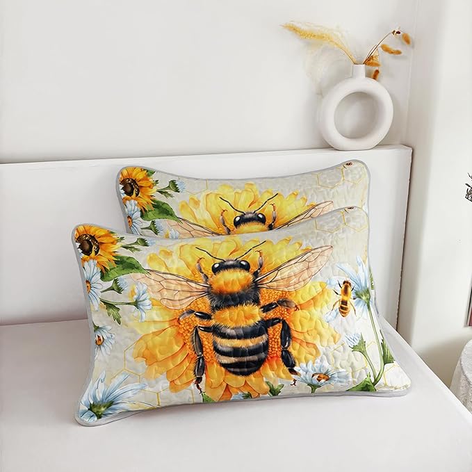 AILONEN Honey Bee Quilt Bedding Set Full Size,Sunflower Bedspread Coverlet,3Pcs Soft Watercolor Yellow Bee & Floral Bed Cover(1 Quilt + 2 Pillowcases)