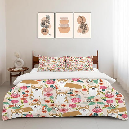 Corgi Dog Puppy Theme 3 Pieces Duvet Cover Comforter Set with 2 Pillowcase Full Size Dog Print Bed Sheet Quilt Bedroom Bedding for Lover Kids