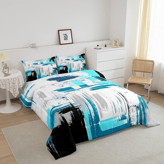 Abstract Comforter Set for Girls Boys Kids Modern Abstract Art Comforter Room Decorative Teal Blue White Black Bedding Set Luxury Duvet Set Toddler Size 2Pcs Comforter Inner Fill