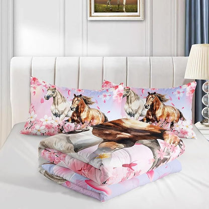 Kid Horse Comforter Set Queen Room Floral Animal Theme Handsome Horse Chic Cherry Blossom Bedding Set 3D Wild Animal Decor Quilt Set for Girls Adult, 1 Comforter + 2 Pillowcases