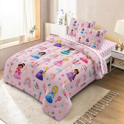 Kids Magical Princess Comforter Set Bed in a Bag Twin Size- 5 Piece Soft Cute Castle Bedding Set for Girls (1 Comforter, 1 Flat Sheet, 1 Fitted Sheet, 2 Pillowcases), Pink