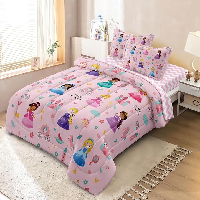 Kids Magical Princess Comforter Set Bed in a Bag Full Size- 5 Piece Soft Cute Castle Bedding Set for Girls (1 Comforter, 1 Flat Sheet, 1 Fitted Sheet, 2 Pillowcases), Pink