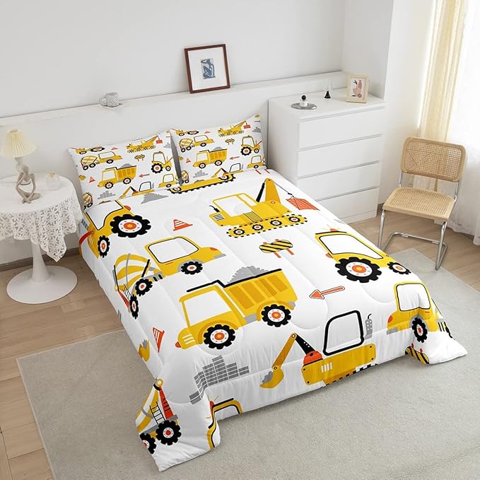 Feelyou Cartoon Car Comforter Set Kids Construction Comforter for Boys Equipment Trucks Bedding Set Breathable Cartoon Yellow Car Excavator Tractor Duvet Set Room Decor Twin Size with 1 Pillow Case