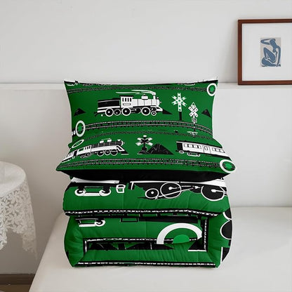 Erosebridal Boys Train King Comforter Set Cartoon Car Toddler Bedding, Traffic Transportation Track Bedding Comforter Sets Vintage Steam Engine Railway Decor Quilt Set Room 3Pcs, Green White Black