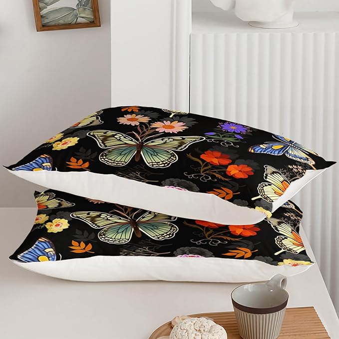 Black Floral Comforter Set Queen Size, Colorful Butterfly and Flowers Bedding Set, Soft Polyester Quilt Set with 2 Pillowcases