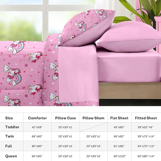 Nesker 7 Pcs Comforter Set Queen Size, Cute Pink Unicorn Bedding for Kids Teen, Cartoon Rainbow with Fitted Sheet 2 Pillowcases & 2 Shams for Bedroom Bed Decor