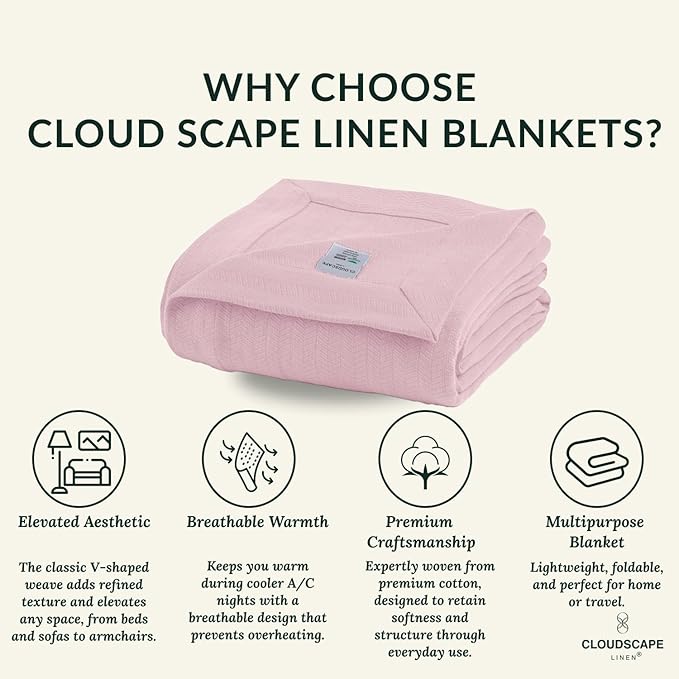Cloud Scape Linen Herringbone Cotton Twin Blanket for Couch, Bed,Sofa, Home Decor, Soft, Weighted, All-Season, Winter Bed Blanket, Best Gift Idea, 68 x92, Seashell Pink