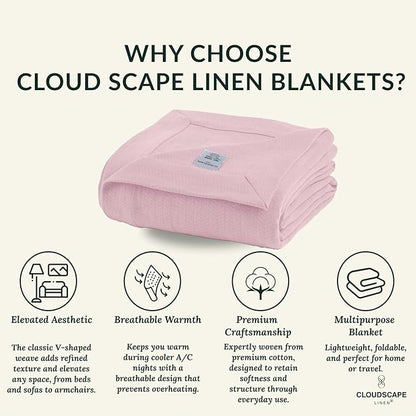 Cloud Scape Linen Herringbone Cotton Twin Blanket for Couch, Bed,Sofa, Home Decor, Soft, Weighted, All-Season, Winter Bed Blanket, Best Gift Idea, 68 x92, Seashell Pink