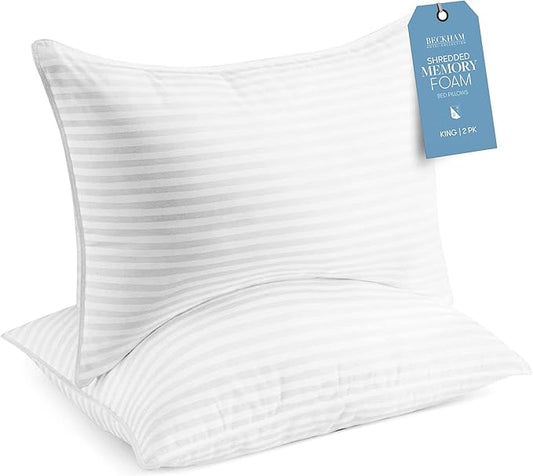 Beckham Hotel Collection King Size Memory Foam (Adjustable Fill) Bed Pillows Set of 2 - Cooling Shredded Foam Pillow for Back, Stomach or Side Sleepers