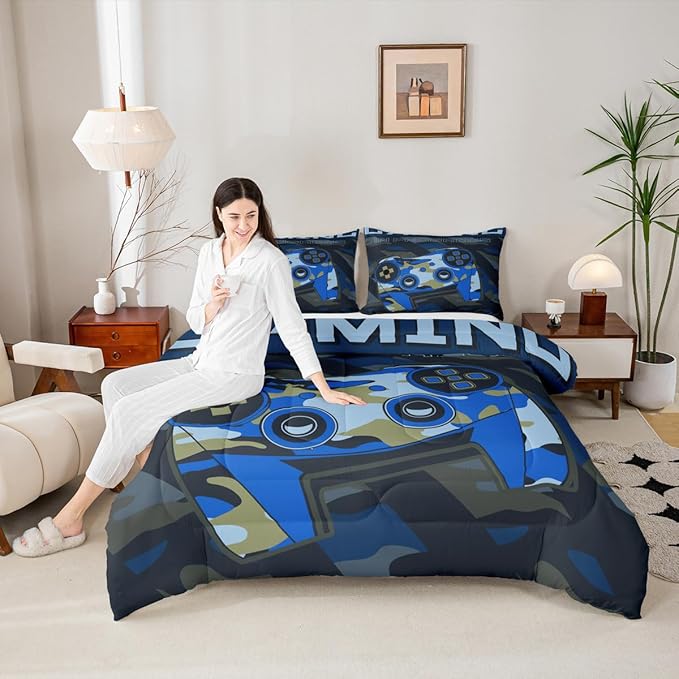 Boys Gaming Comforter Set Twin Size Teens Gamer Bedding Set Retro Blue Camouflage Video Game Controller Comforter For Kids Youth Bedroom Decor Gamer Console Action Buttons Duvet Set Microfiber