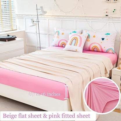 ANGIYUIN 6 Pieces Multi-Color Rainbow Twin Size Comforter Set for Girls Kids Cute Cloud and Love Hearts Girls Bedding Set Soft Microfiber Girl Bed in a Bag with Comforter, Sheets, Pillowcases