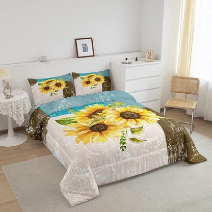 Feelyou Abstract Comforter Sunflowers Yellow Flroral Comforter Set for Boys Girls Children Grey Blue Brown Modern Abstract Art Bedding Set Room Decor Twin Size Duvet Set 2Pcs