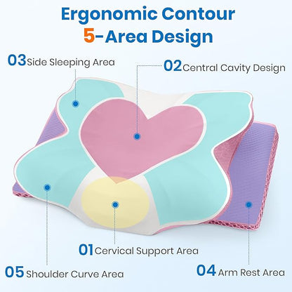 Cervical Neck Pillow for Sleeping, Memory Foam Side Sleeper Pillow, Ergonomic Pillows for Neck Pain Relief, Shoulder Support Pillows for Side Back Stomach Sleepers (Pink, King Size)