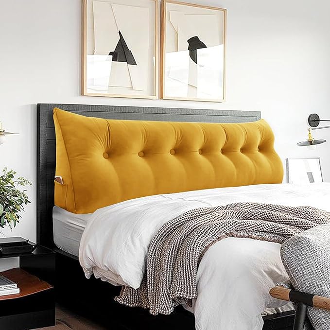 Headboard Wedge Pillow Large Reading Pillow King Size Bed Rest Back Support Pillow for Sitting up in Bed Daybed Couch Backrest Cushion Velvet Mustard Yellow