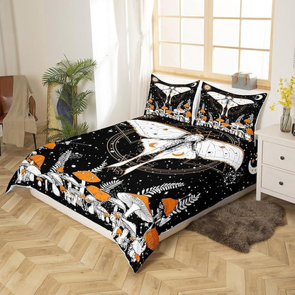 Moth Plant Bedding Set Queen Size,Orange Mushroom Duvet Cover Set for Children Bedroom Present, Stars Sun Moon Microfiber Comforter Cover with 2 Pillowcases