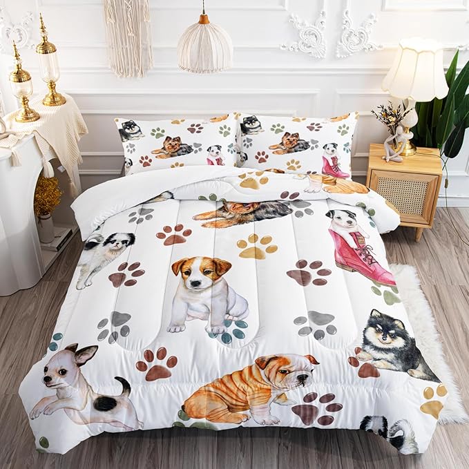 Kawaii Cartoon All Kinds of Dogs Animal Themed Comforter 3Pcs Full Colorful Paw Printed Bedding Set for Kids Teens Girls Boys Bed Decor Cute Puppy Quilt with 1 Comforter and 2 Pillowcases