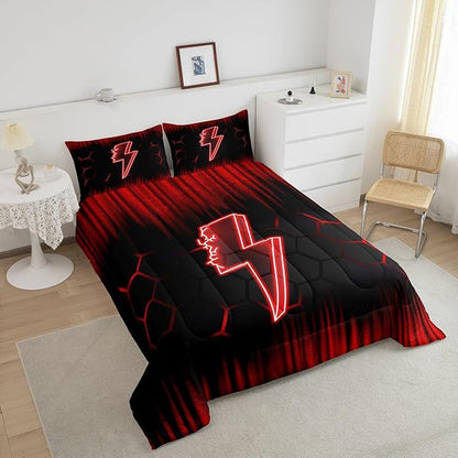 Feelyou Game Flash Bedding Set King Size Boys Girls Ombre Comforter Set for Kids Honeycomb Comforter Red Black Duvet Set Room Decor Quilt Set