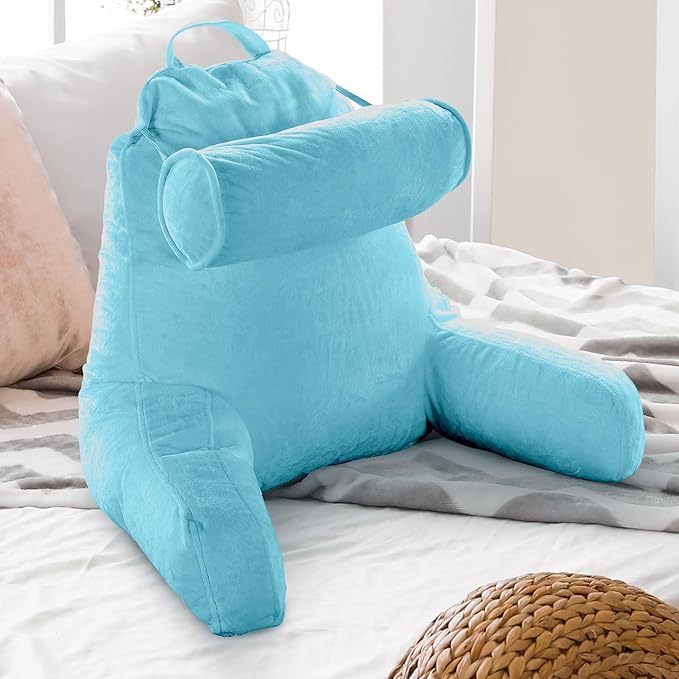 Cheer Collection Reading Pillow Chair - Chair Pillow with Arms and Detachable Neck Bolster for Bed & Couch - Machine Washable, Sky Blue