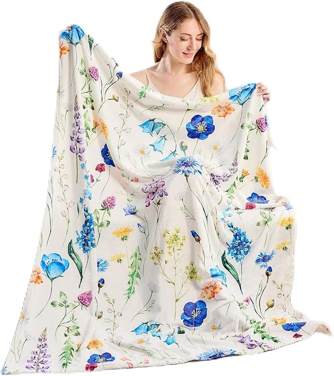 Floral Throw Blanket Birthday for Mom Women Blue Watercolor Flowers Blanket Soft Fuzzy Flannel Bed Blanket Plush Floral Throw for Couch Sofa Bed Chair 60"x80"