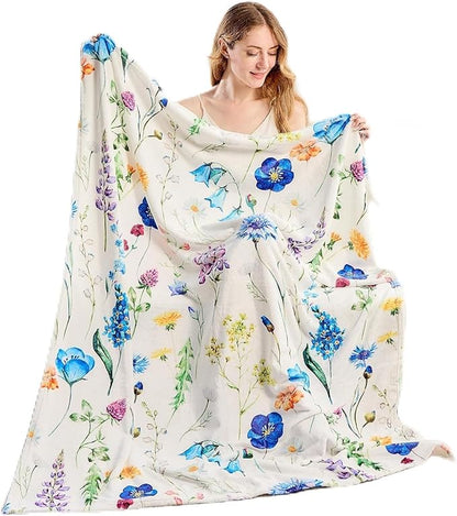 Floral Throw Blanket Birthday for Mom Women Blue Watercolor Flowers Blanket Soft Fuzzy Flannel Bed Blanket Plush Floral Throw for Couch Sofa Bed Chair 60"x80"