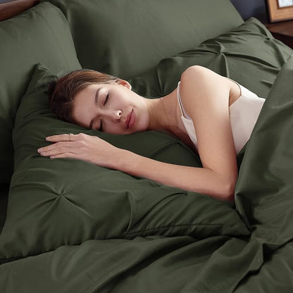 Bedsure Twin Comforter Set Olive Green - Bed in a Bag Twin Size Bedding 5 Pieces, GentleSoft™ Pintuck Bed Set Gift for Family, Pinch Pleat Olive Green Comforter with Sheets, Pillowcase & Sham