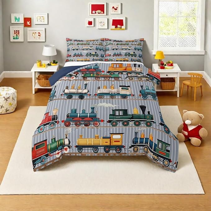 Erosebridal Kids Train Comforter Set - Full Size for Boys & Girls - Colorful Steam Engine Bedding Sets - Cartoon Train Transportation Comforter with 2 Pillow Cases, Gray, Green, Blue, Yellow, White