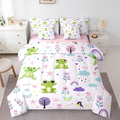 Erosebridal Queen Comforter Set 7 Pieces,Floral Frog Reversible Bed in a Bag Queen,Cartoon Zoo Animal Queen Bedding Set,Cute Flower Comforter, Flat Sheet, Fitted Sheet, Pillowcases, Pillow Shams