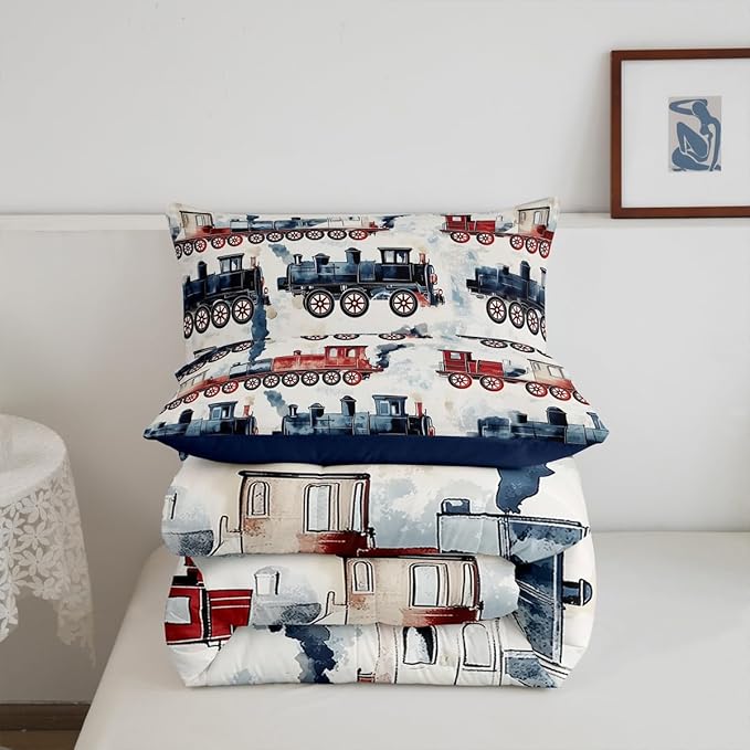 Vintage Steam Train Kids Comforter Set - Locomotive Print Retro Car Twin Bedding Sets - Cartoon Railway Vehicles Bed Set Colorful Steam Engine Train Duvet Insert Gifts For Kids Boys Home Decor