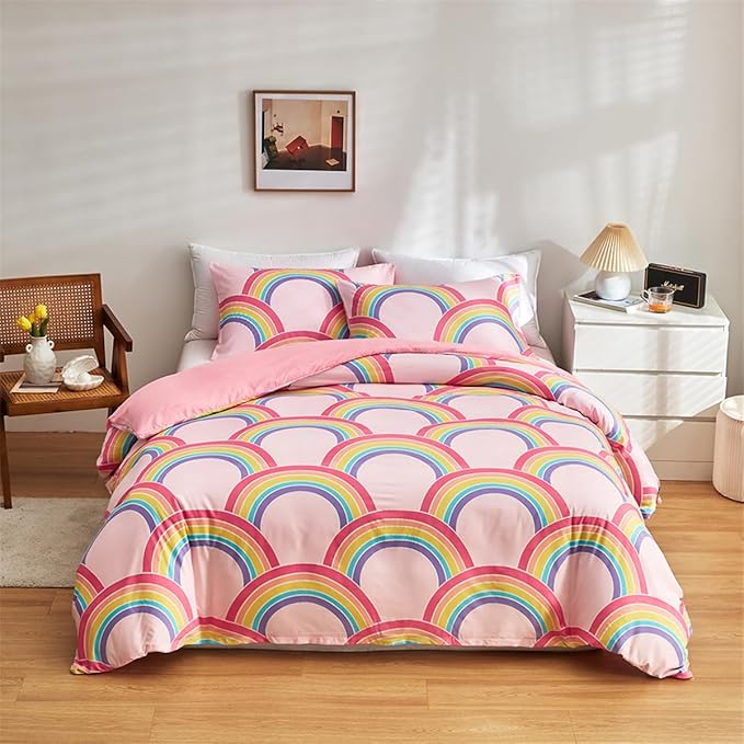 Pink Girls Full Comforter Set, Glow in The Dark 3 Pieces Rainbow Comforter with 2 Pillowcases, Soft Microfiber Girls Full Bedding Set for Kids Teens Washable Lightweight All Season Use