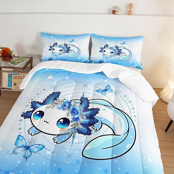 Cartoon Axolotl Comforter Twin Size,Cute Ocean Animal Bedding Set for Teens Girls Room Decor,Blue Comforter Set with 2 Pillowcases.