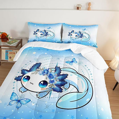 Cartoon Axolotl Bedding Comforter Set King Size, Cute Ocean Animal for Kids Girls Room Decor, Blue With Butterfly Flowers and 2 Pillowcases